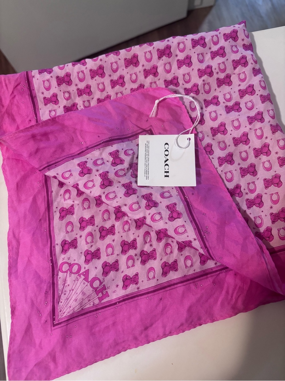 COACH Pink Bear  Signature Silk Scarf